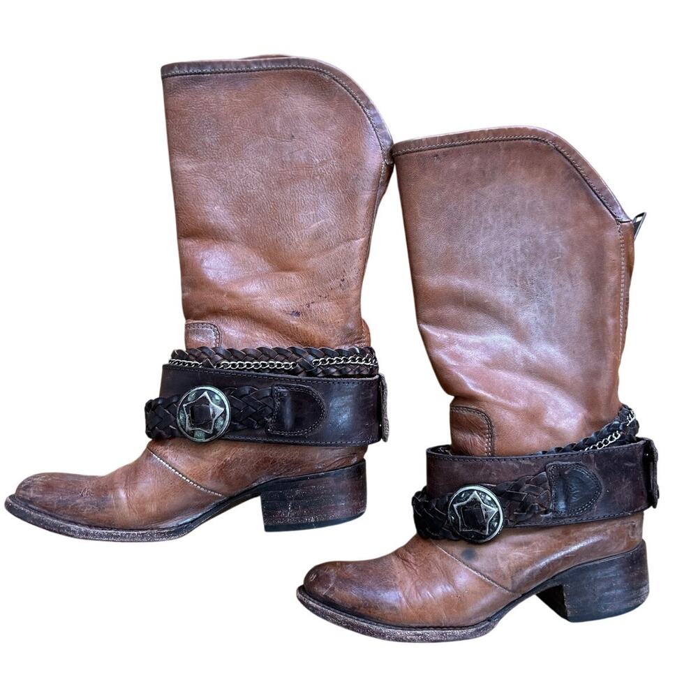 Freebird Breck Brown Leather Metal Star Braided Strap Western Cowboy Boot